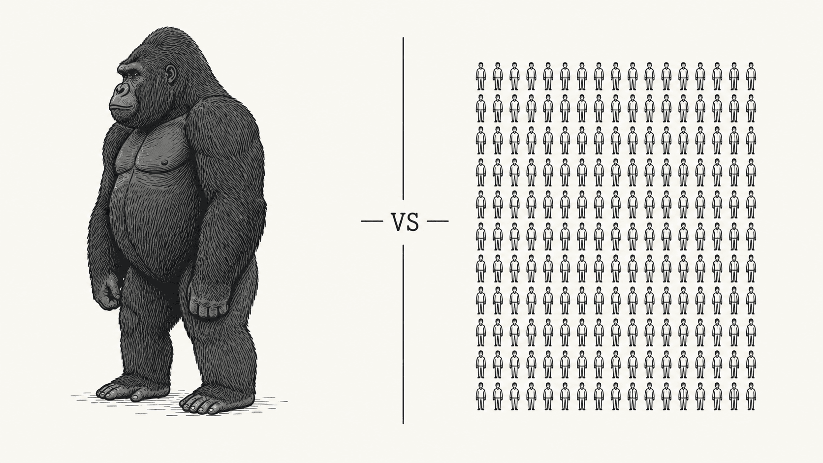 Un gorille face à une foule de 100 silhouettes humaines, illustration scientifique éditoriale
