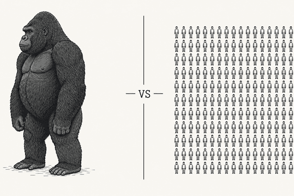 Un gorille face à une foule de 100 silhouettes humaines, illustration scientifique éditoriale